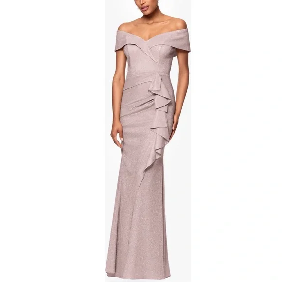 XSCAPE EVENINGS Blush / Silver Ruffle Off the Shoulder Foil Knit Trumpet Gown - Picture 4 of 11